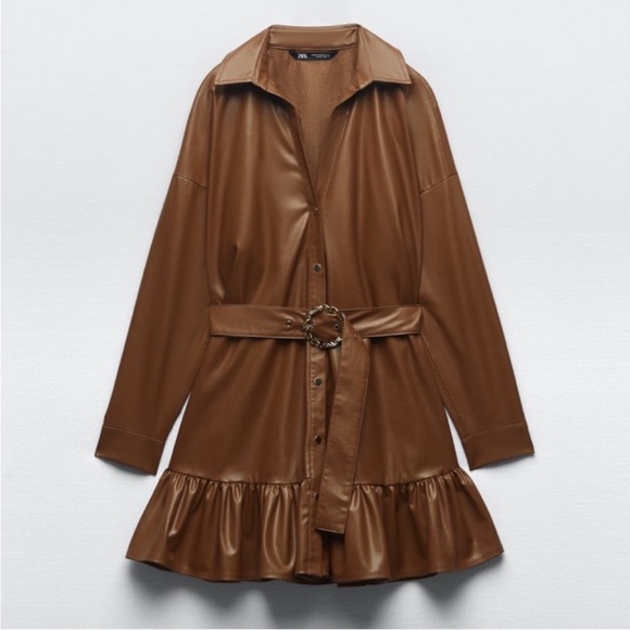 NWT Zara Brown Faux Leather Dress, Size Medium - Picture 4 of 7